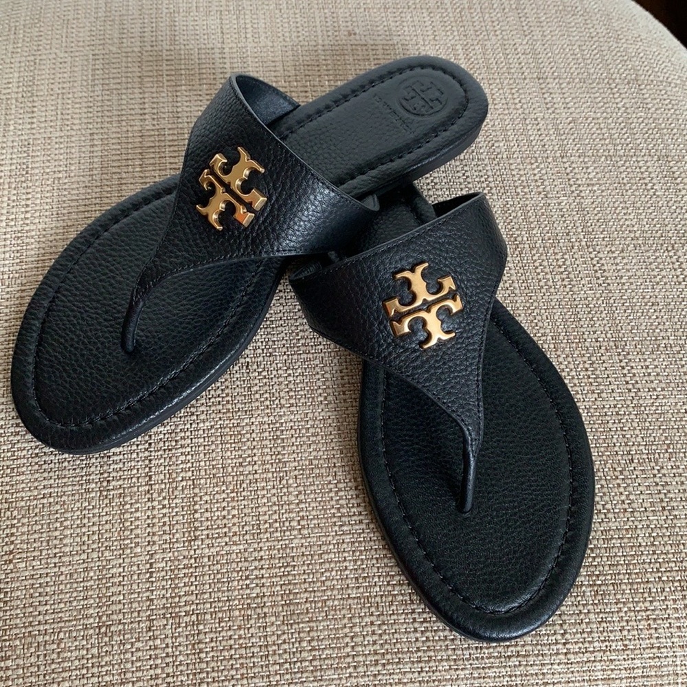 Tory Burch Everly Flat Thong Tumbled Leather Black 8.5